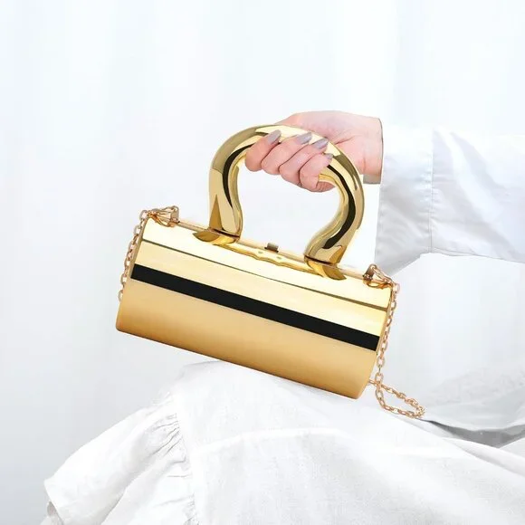 Women's Barrel Acrylic Clasp Removable Strap Lift Up Lock Gold Clutch Purse - Picture 2 of 6